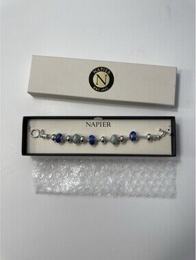 Napier Bracelet Silver Tone Iridescent Blue Crystal Beads Toggle Clasp 7 1/2” L